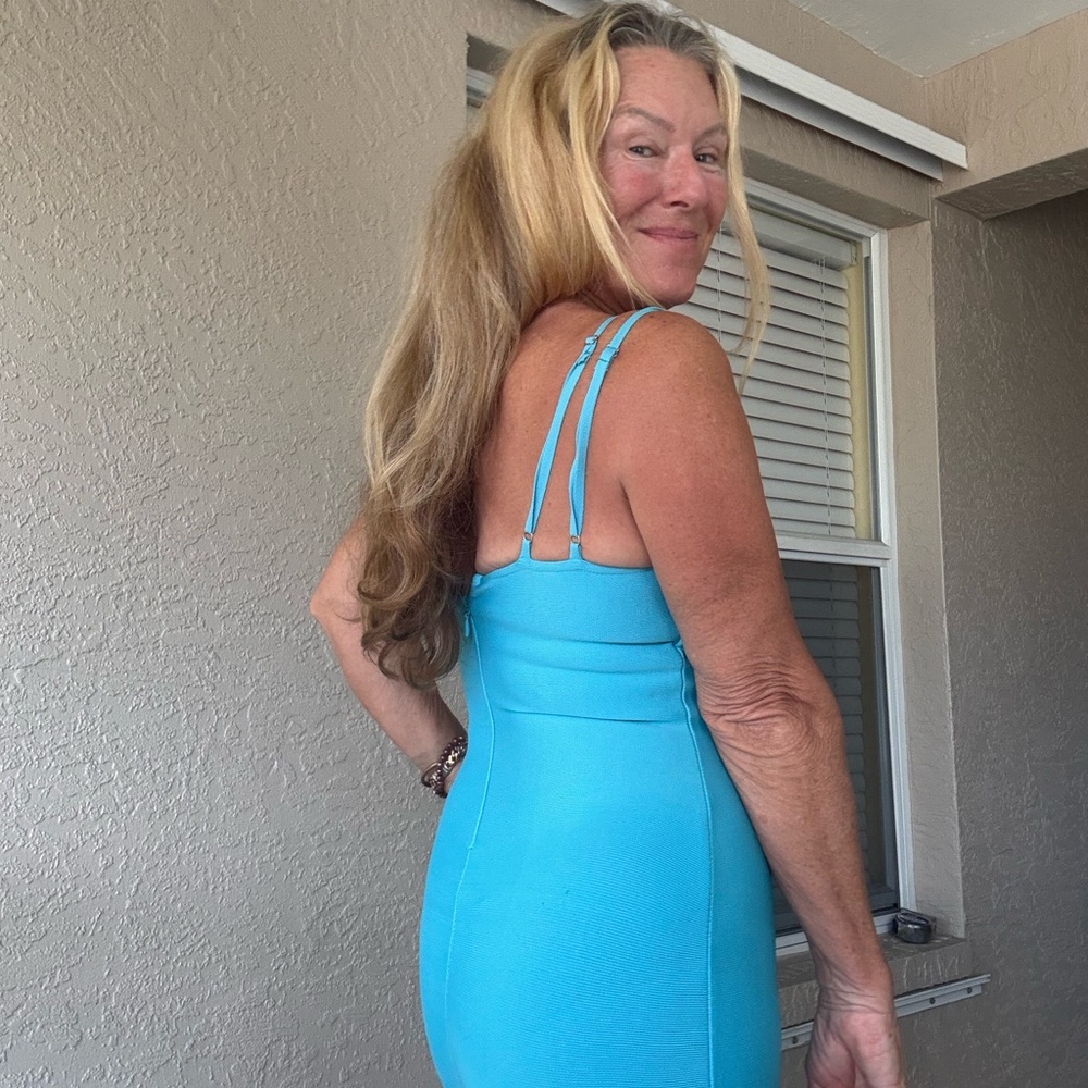 Elegant Asymmetrical Turquoise Dress with Silver Accents - Picture 9 of 10